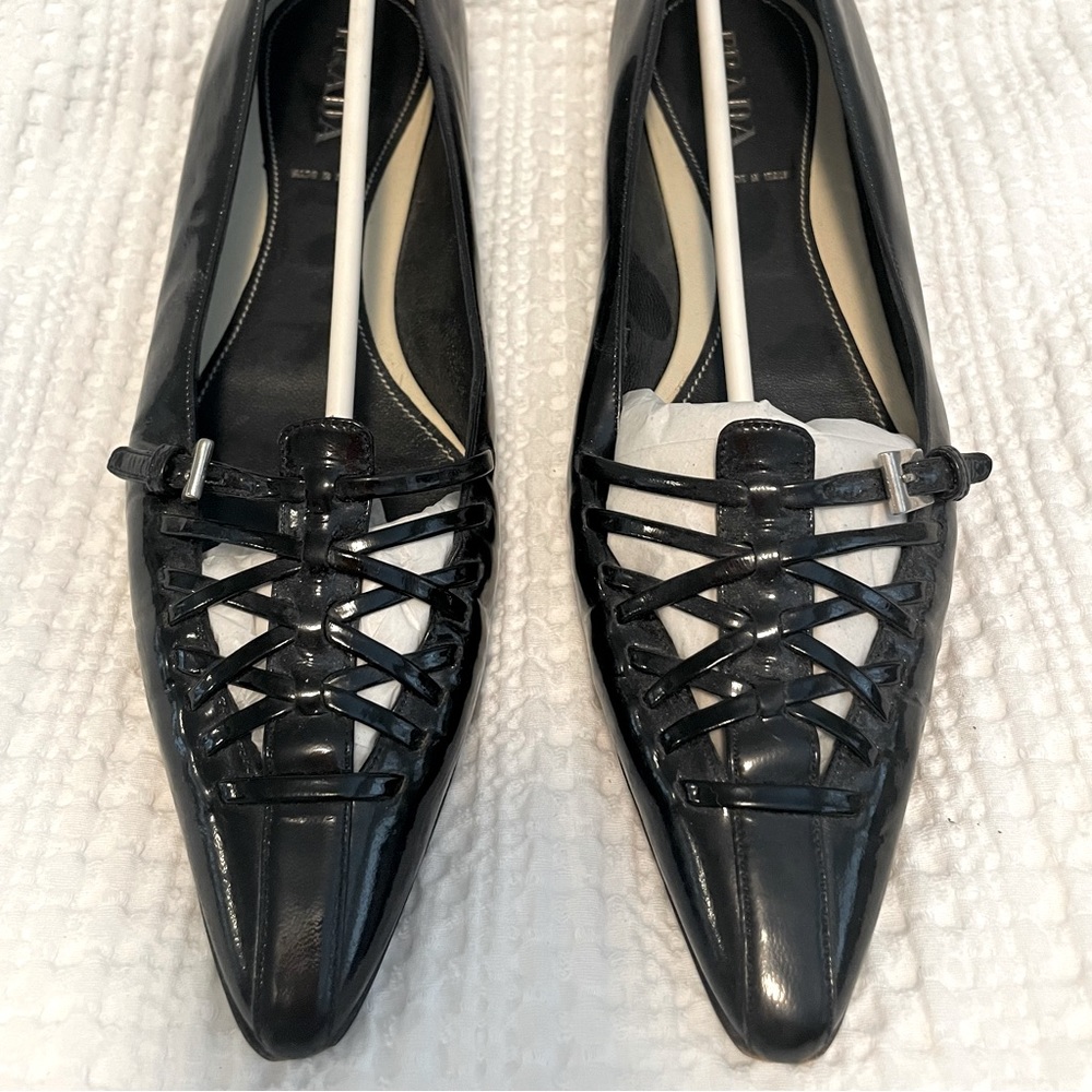 Prada Black Patent Leather Flats with Criss-cross Strap Details Size 39.5
